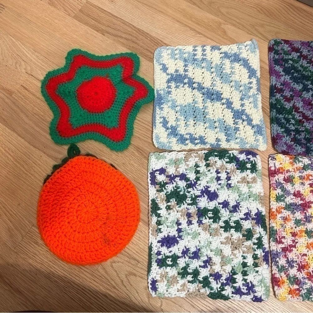 Handmade Vintage Crochet Pot Holders Doilies Colorful Pumpkin Kitchen Home